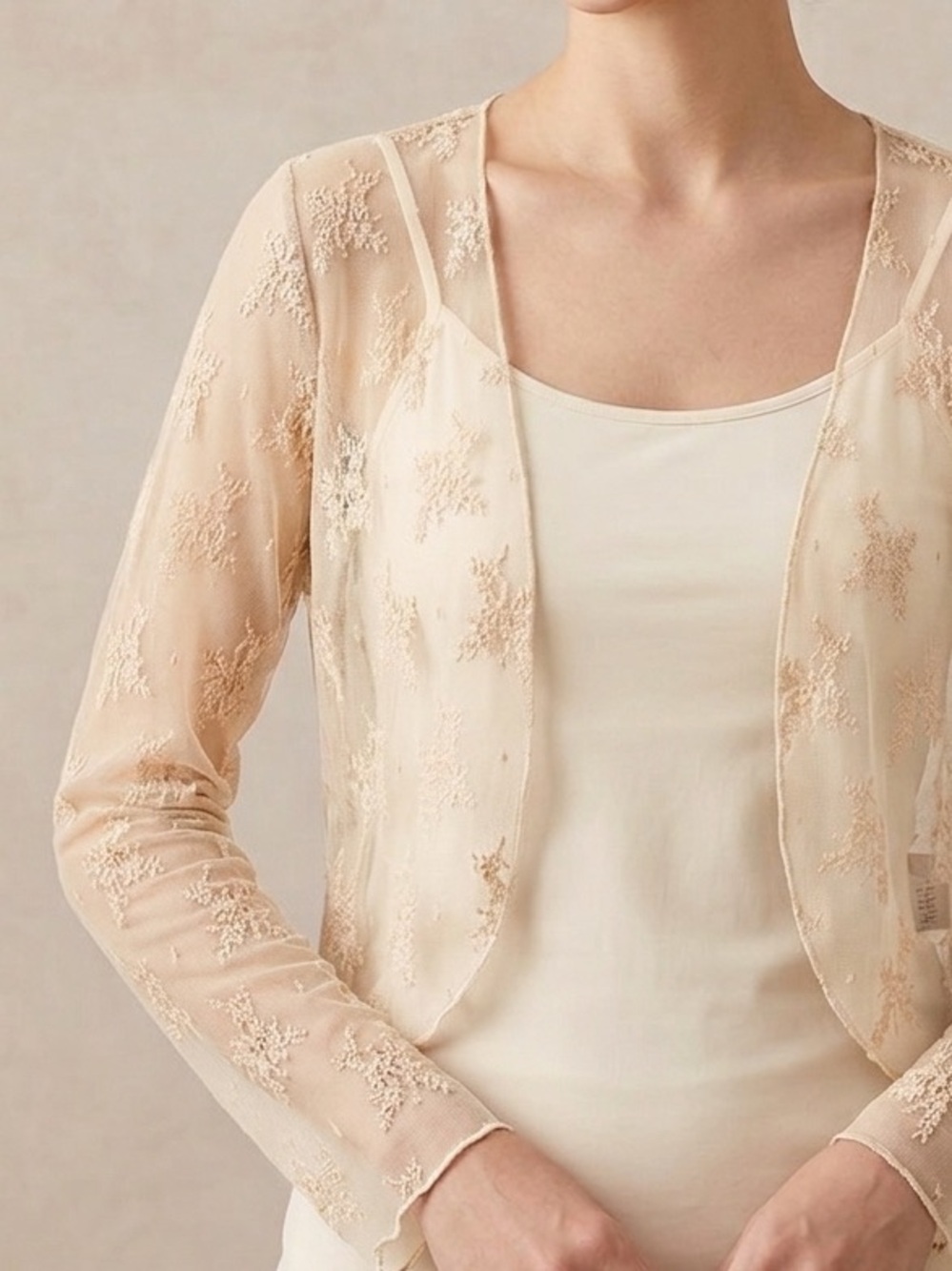 Sheer Lace Shrug Bolero in Light Beige
